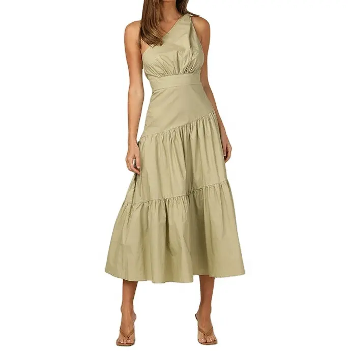 Wholesale OEM summer fashion elegant clothing custom casual dress women maxi length one shoulder green dress