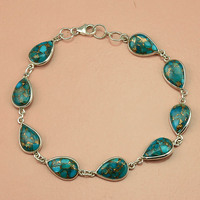 Bracelet classique en argent sterling 925 avec pierre précieuse turquoise cuivrée naturelle, plaqué or 18 carats, bijoux faits à la main pour cadeau ou fête