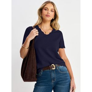 FOXA Pull en tricot côtelé à manches courtes et col en V pour femme, haut décontracté léger d'été - Product Image 2
