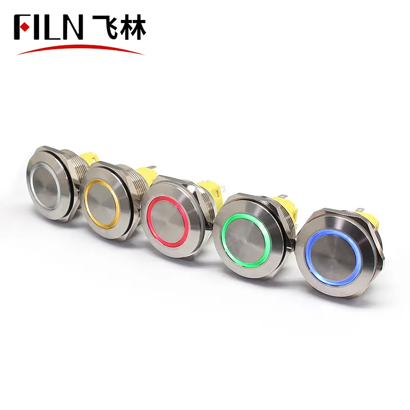 FILN Single/Bi/Tri color RED&GREEN&BLUE 28MM Flat head RESET stainless steel metal push button switch with symbol for car