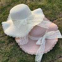 Sombrero de Paja para Mujer con Borde Ondulado, Protección UV, Plegable, para Playa y Vacaciones de Verano, Venta al por Mayor, Personalizable con Lazo de Encaje