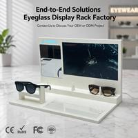 Présentoir à lunettes intelligent moderne pliable blanc avec écran numérique, miroir d'essayage intégré, supports de lunettes réglables, transparent