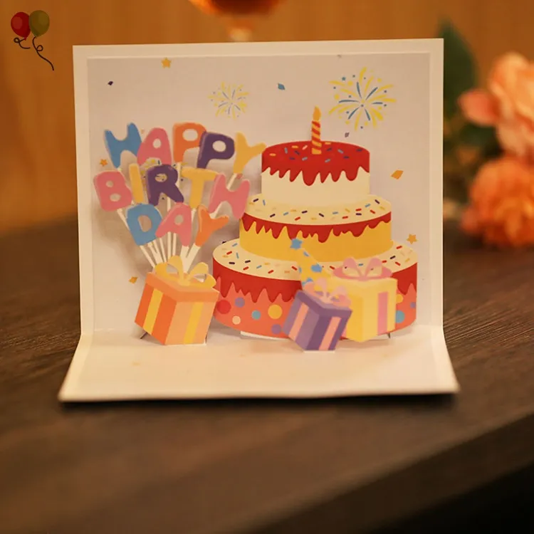 Yaratıcı 3D Pop Up kart mutlu doğum günü kartı renkli baskı doğum günü pastası kağıt çocuk karikatür doğum günü kartı kek H0262
