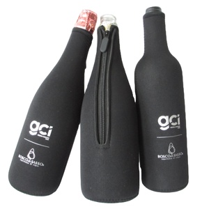 Personalized Black Neoprene Longneck Cooler Bag with Zipper for Beer Champagne Wine Silver Logo-Longneck Wine Cooler - Product Image 1