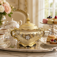 Soupière de luxe européenne ornée de cristaux avec poignées en or sculpté, pièce maîtresse de table de mariage artisanale