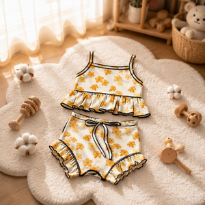 FANCY MONKEY Bb-4 Ensemble personnalisé pour filles, B5, livraison OEM/ODM en 3-7 jours, comprenant des shorts en dentelle tricotée décontractés bio et des bretelles en coton pour bébé avec cordon - Product Image 3