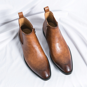 Bottes <span class=keywords><strong>Chelsea</strong></span> en cuir synthétique pour hommes Bottes <span class=keywords><strong>Chelsea</strong></span> d'automne en cuir imperméable à bout Piont noir avec talon carré - Product Image 4