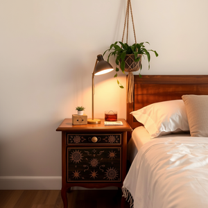 Table de chevet en bois foncé avec motifs saisissants de soleil céleste et d'étoiles. Disponible aux prix de gros - Product Image 1