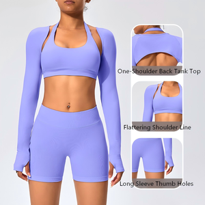 WOJIEER Yoga Shrug Nahtloses One-Shoulder-Top Yoga-Leggings Fitness-BH-Set Workout Langarm Damen Sportbekleidung - Product Image 2