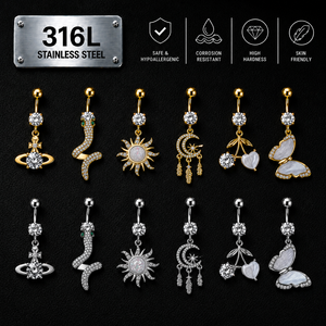 CRYSPURE Anelli per <span class=keywords><strong>Ombelico</strong></span> in Acciaio Inossidabile 316L a Forma di Serpente 14g con Zirconi AAA Pendenti, <span class=keywords><strong>Piercing</strong></span> all'<span class=keywords><strong>Ombelico</strong></span> Dorato Sexy alla Moda per Donna, Gioielli per il Corpo - Product Image 1