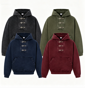 Felpa con Cappuccio Vintage Lavata, Pullover con Mezza Zip e Fibbia Metallica, Felpa Oversize da Uomo Stile Streetwear Pesante - Product Image 1