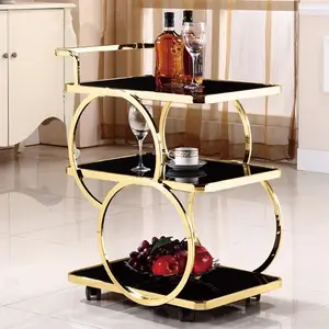 Luxe Goud Zilver Metaal Glas Thee Wijn Voedsel Catering Dranken Serveren Trolley Bar Kar Voor Hotel Restaurant Wedding Party