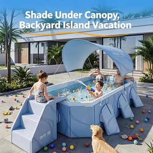 Piscina Plegable de PVC para Niños con Soporte Rígido, Toldo y Tobogán Acuático para Jardín - Product Image 1
