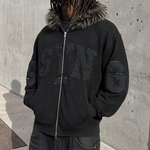 Veste d'hiver streetwear Yingling pour homme, en fausse <span class=keywords><strong>fourrure</strong></span>, noire, entièrement zippée, avec broderie et appliqué effet vieilli, en polaire épaisse 450g - Product Image 4