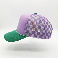 Gorra Trucker de 5 Paneles con Espuma y Malla, Cuerda, Bicolor Morado y Verde, Visera Curva, Corona Alta, Cierre Ajustable, Gorra de Béisbol para Verano