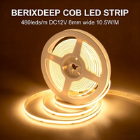 BERIXDEEP COB LED Strip Roll 480 LED/m DC12V Lebar 8mm Dapat Dipotong CRI 92+ IP20 Lampu Strip Fleksibel Tanpa Titik untuk Dapur & Ruang Tamu