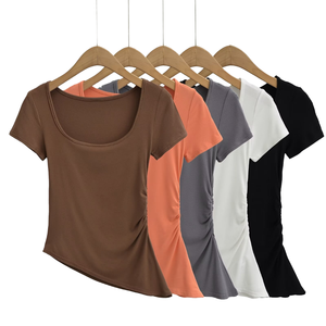 Camiseta plisada con cuello cuadrado para mujer, novedad de verano 2024, camisa informal Vintage 100%, tejido corto de poliéster sólido - Product Image 4