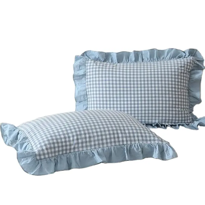 Blue Plaid Ruffle Pillowcases Farmhouse Pillow Shams Standard Shabby Checkered Pillow Cover Washed Cotton Pillow Covers