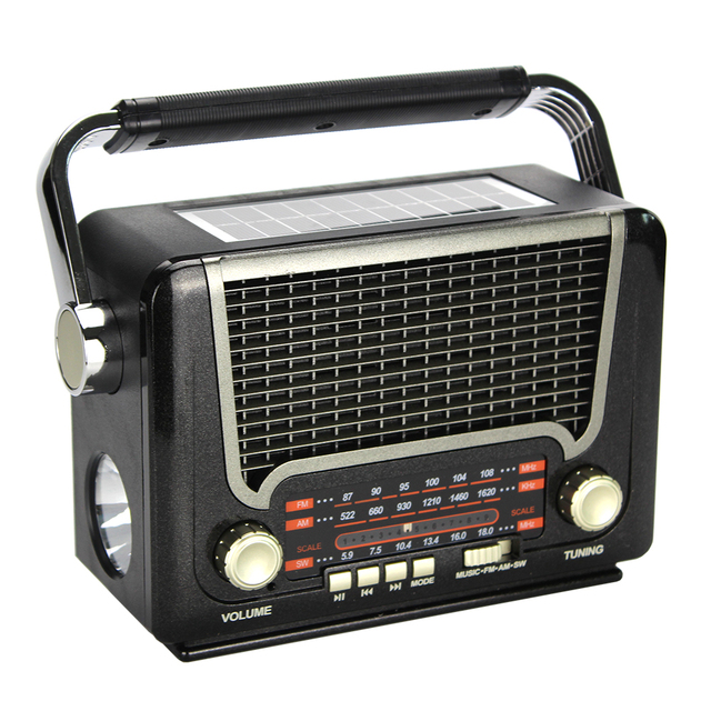 Solar Powered Portable Radio with Wireless BT, Flashlight, 1200mAh Battery, FM/AM/SW by MEIER M-527BT-S