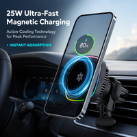 Chargeur de voiture sans fil rapide 25W PD avec protection OVP, support magnétique pour téléphone, LED colorées, en alliage d'aluminium ABS, fixation sur grille d'aération