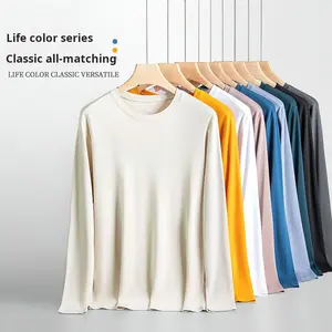 Camiseta de manga longa masculina de algodão macio primavera outono, roupa de casa confortável, pode ser usada como roupa de exterior, camiseta Lyocell tencel