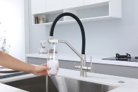 Robinet de cuisine 3 voies avec valve en céramique, douchette extractible, en acier inoxydable, double poignée, pour eau filtrée potable, mitigeur d'évier à montage sur plan