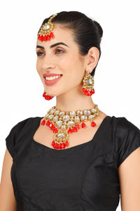 Premium Alloy Bridal Necklace Set with Matching Earrings Maang Tikka Trendy Decorative Bead Work Quartz Wedding Party Styling - Product Image 3