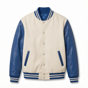 Veste universitaire bicolore pour femme en similicuir avec manches côtelées et boutons-pression, courte, pour l'hiver, style streetwear - Product Image 1