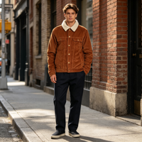 Veste en velours côtelé pour homme, col en sherpa, style trucker, boutonnée, chaude, rétro, vêtement de travail, personnalisable avec logo OEM