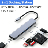 USB-C 7-Port Docking Station USB3.0 Hub Splitter HDTV 4K Screen Mirroring Device Type-C Converter Adapter for Computer Laptop