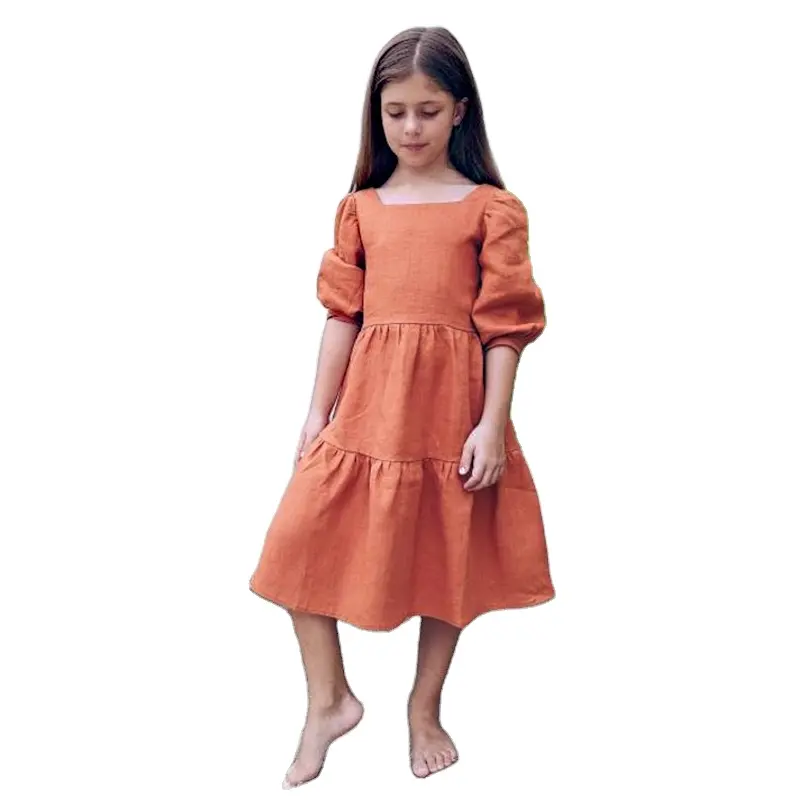 Summer Girls Backless Linen Dress New Children Casual Cotton And Linen Tiered Dresses With Bow At Back Teen Girl Sundress