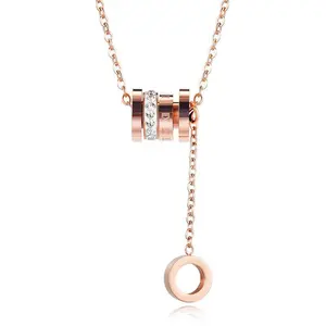 Luxury Stainless Steel Tassels Necklace Women Plated Rose Shape Adjustable Diamond Chain Circular Pendant featuring Roman