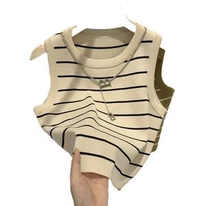 High Quality Women's Summer Silk Sweaters New Slim Contrast Color <b>Striped</b> Fashion Sleeveless Knitted <b>Vest</b> <b>Tops</b> - Product Image 1