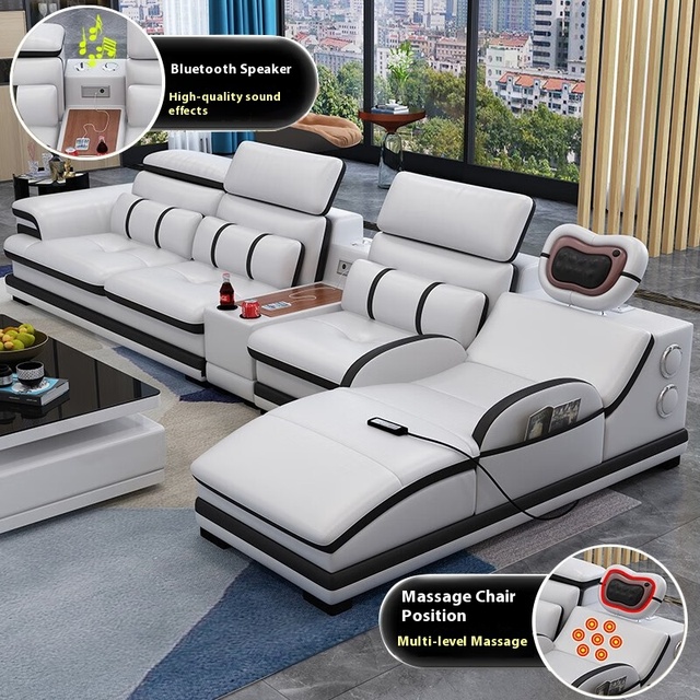 Modern Smart Massage Genuine Leather Sofa Set Sectional L Shape Modular Sofa Bed Functional Luxury Living Room