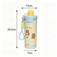Botol Air Vakum Isolasi Kartun Lucu dengan Tali, Termos Anak, Botol Minum Sekolah Portabel, Logo Custom OEM Grosir