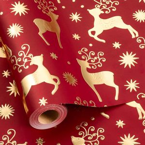 Christmas <b>Wrapping</b> <b>Paper</b> Red Gold Reindeer Design 17 In X 32.8 Ft Gift Craft Recyclable Single Side Coating - Product Image 1