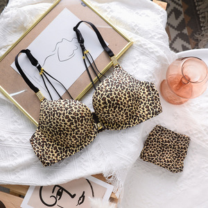 Conjunto de Lencería Femenina, Tanga y Brasier con Relleno, Cómodo, Suave, Sexy, con Escote Recogido, Estilo Deportivo y Lindo, Copa XL, Estampado de Leopardo, Sin Varillas - Product Image 3