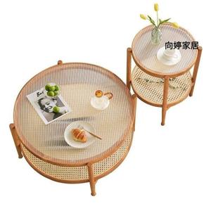 Mesa de Centro Vintage de Madera Maciza y Ratán con Vidrio Templado, Doble Capa, Redonda, Simple, para Apartamentos Pequeños - Product Image 5