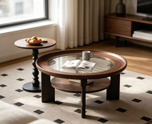New Arrival Round Two-Tier Solid Wood Coffee <b>Table</b> Wavy Textured Glass Top Block Leg Living Room Storage Tea <b>Table</b> - Product Image 2