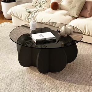 Modern Round Glass Top Coffee <strong>Table</strong> with Fluted <strong>Pedestal</strong> Base White Finish Living Room Center <strong>Table</strong> <strong>Small</strong> Space Furniture - Product Image 1