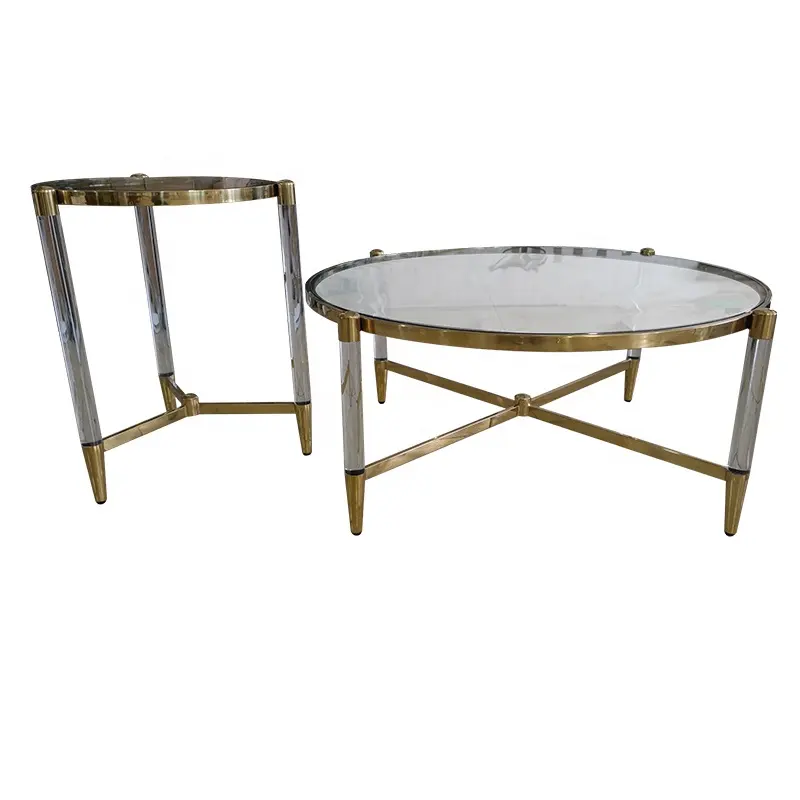 Hot sales bulk order living room furniture acrylic leg easy assembly glass coffee table with gold stainless steel frame