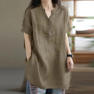 Plus Size Women's Loose V-Neck Short Sleeve Solid Color T-Shirt Navy Blue Polyester Woven Shirt Spring Summer Wear - Product Image 3