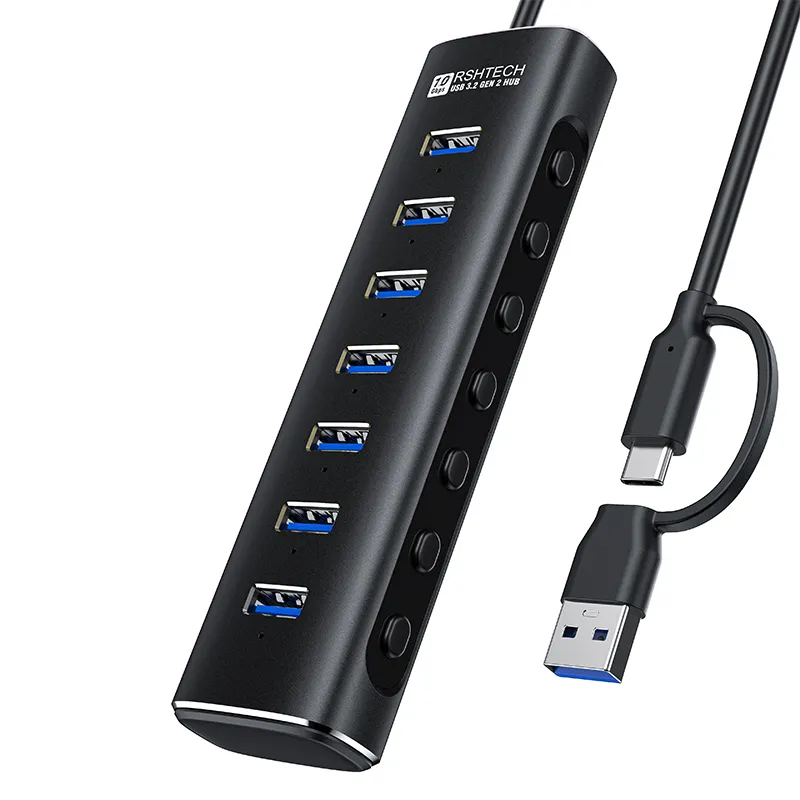 RSHTECH Powered 7 porte USB 3.2 Gen 2 10Gbps 7 in 1 hub Docking station 7 porte powered hub 3.0 per PC portatile