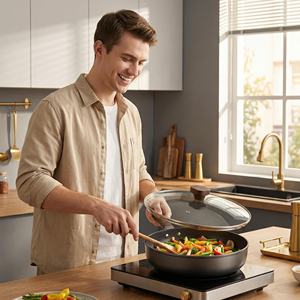 Poêle à frire antiadhésive en fonte avec revêtement de qualité alimentaire, résistante à la chaleur, manche en bois, compatible avec toutes les plaques de cuisson, pour la cuisine domestique - Product Image 5
