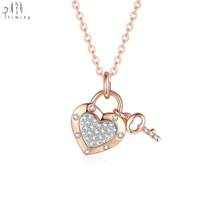 Trendy Simple Romantic Style 18K Soild Gold Real Natural Diamond Heart Lock Pendant Necklace For Women