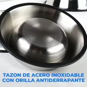 Bol de nourriture pour animaux de compagnie en acier inoxydable avec cuillère pour petits animaux, forme arrondie, design imprimé de lettres, fonction anti-étouffement, intérieur - Product Image 6