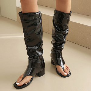 Bottes hautes d'été grande taille 48 pour femme, à bout ouvert, avec ceinture et boucles métalliques, talons carrés bas, fermeture éclair latérale - Product Image 3