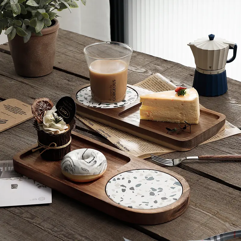 New Arrival environmental Food Serving Plate Wood Trays wooden serving tray with ceramic