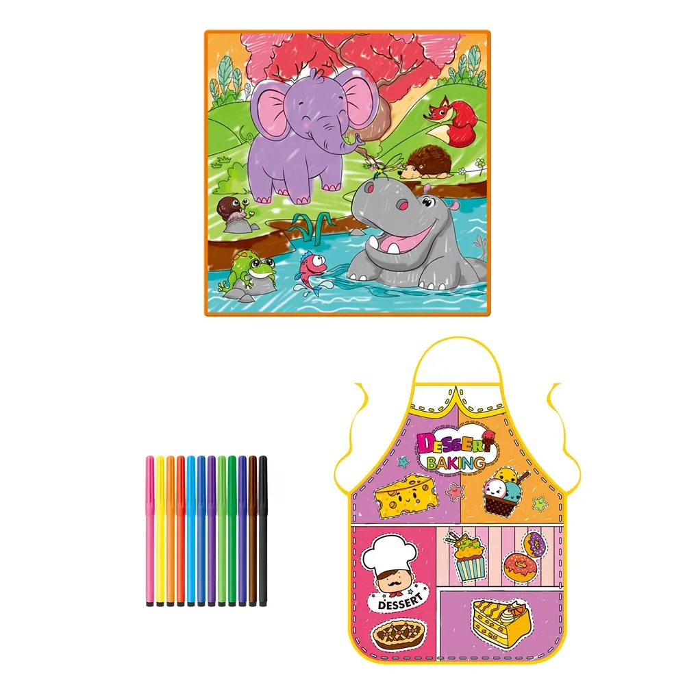 Jogo de pintura para crianças, 2 peças, lavável, repetida, conjunto de pintura para crianças, brinquedo, avental e tapete com 12 cores, canetas pintadas, brinquedo de desenho reutilizável para crianças