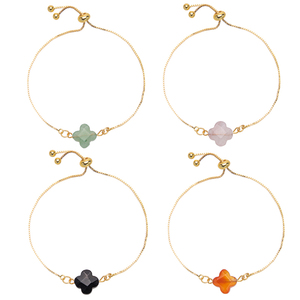 Bracciale Regolabile in Oro 18k con Cristallo Naturale e Quadrifoglio <span class=keywords><strong>Portafortuna</strong></span> in Quarzo Rosa per Donne - Product Image 2